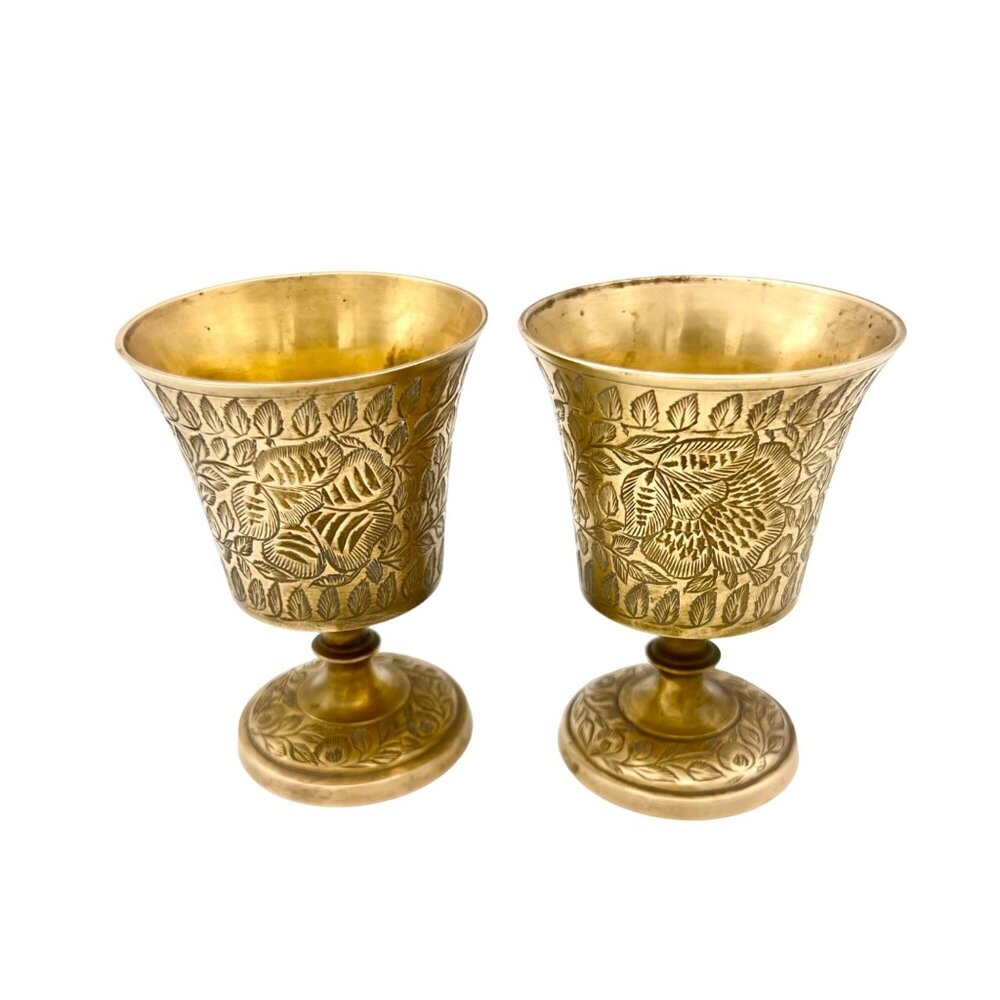 Vintage Brass Goblets Set Of 2 Handcrafted Floral Engraved India 3.25" Boho